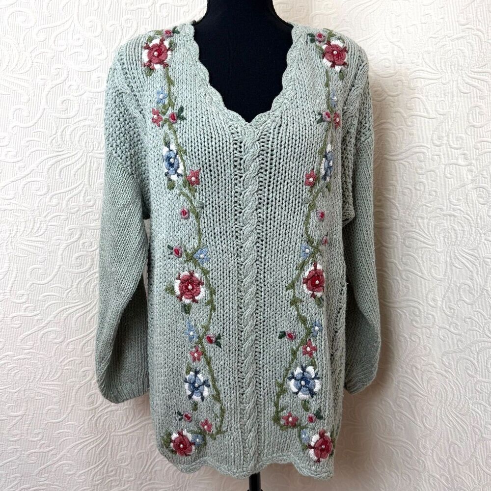 Floral Hand Knit Embroidered Sage Green Sweater Vintage 80s Cottagecore S